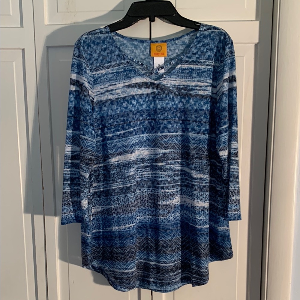 Ruby Rd Blue 3/4 Sleeve Tunic Blouse EUC